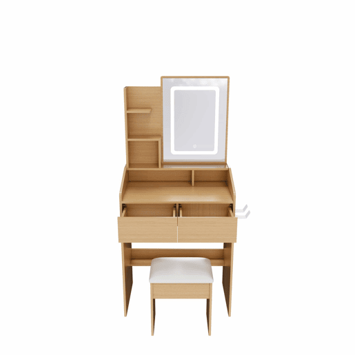 Penteadeira com espelho LED + banco 60x130x36 cm - com tomada, suporte para secador e assento almofadado - Madeira natural