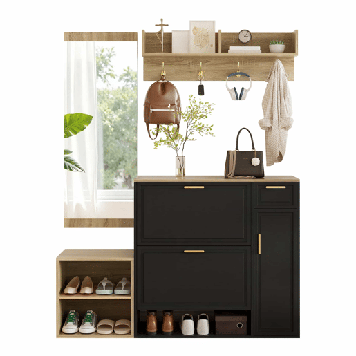 Conjunto de mobiliário para a entrada, 4 peças, 139,5 x 35 x 166 cm u2013 sapateira, banco com assento, cabideiro de parede e espelho u2013 cor natural e preta
