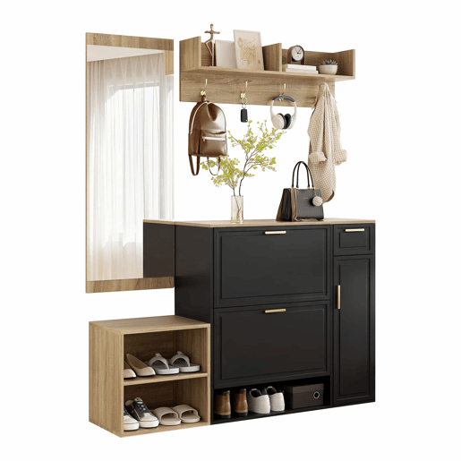 Conjunto de mobiliário para a entrada, 4 peças, 139,5 x 35 x 166 cm u2013 sapateira, banco com assento, cabideiro de parede e espelho u2013 cor natural e preta