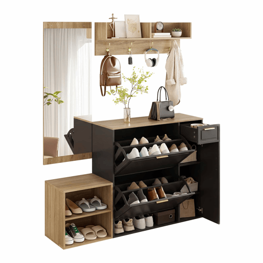 Conjunto de mobiliário para a entrada, 4 peças, 139,5 x 35 x 166 cm u2013 sapateira, banco com assento, cabideiro de parede e espelho u2013 cor natural e preta