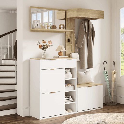 Conjunto de hall de entrada 130x30x174 cm - 4 peças com sapateira, banco, espelho e painel de parede - Natural+Branco