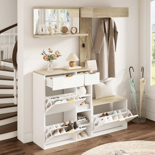Conjunto de hall de entrada 130x30x174 cm - 4 peças com sapateira, banco, espelho e painel de parede - Natural+Branco