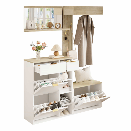 Conjunto de hall de entrada 130x30x174 cm - 4 peças com sapateira, banco, espelho e painel de parede - Natural+Branco