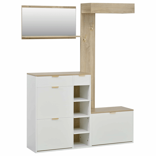 Conjunto de hall de entrada 130x30x174 cm - 4 peças com sapateira, banco, espelho e painel de parede - Natural+Branco