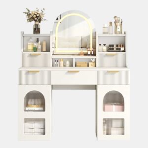 Penteadeira com LED e espelho 120×40×139,5 cm - 3 gavetas, 2 portas de vidro, prateleiras, quarto - branco