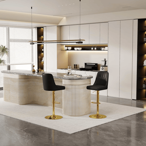 Bancos de bar (2 unidades) - Ajustáveis e giratórios a 360° - Encosto em PU com padrão de costura, pés metálicos dourados - Preto + Dourado