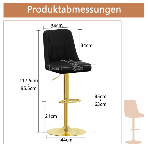 Bancos de bar (2 unidades) - Ajustáveis e giratórios a 360° - Encosto em PU com padrão de costura, pés metálicos dourados - Preto + Dourado