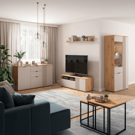 Suporte para televisor Ezra de 1 porta e 1 gaveta 135 cm Caxemira e Bois
