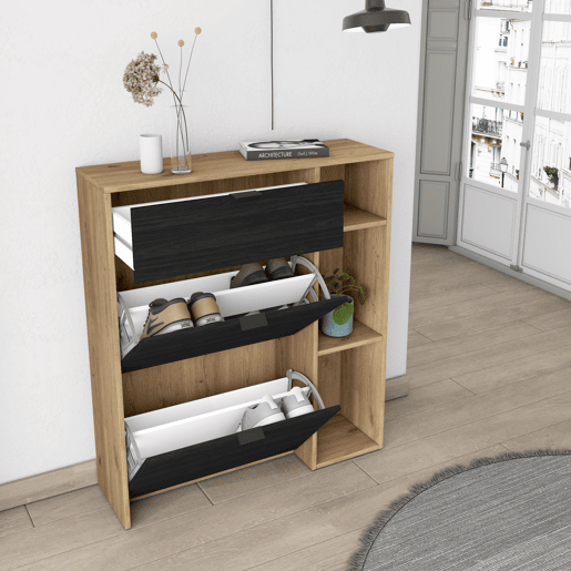 Sapateira, Arrumação, Organizador, 90x102x27 cm, 10 pares de sapatos, Hall de entrada, Estilo moderno, Carvalho e preto Sapateira, Arrumação, Organizador, 90x102x27 cm, 10 pares de sapatos, Hall de entrada, Estilo moderno, Carvalho e preto