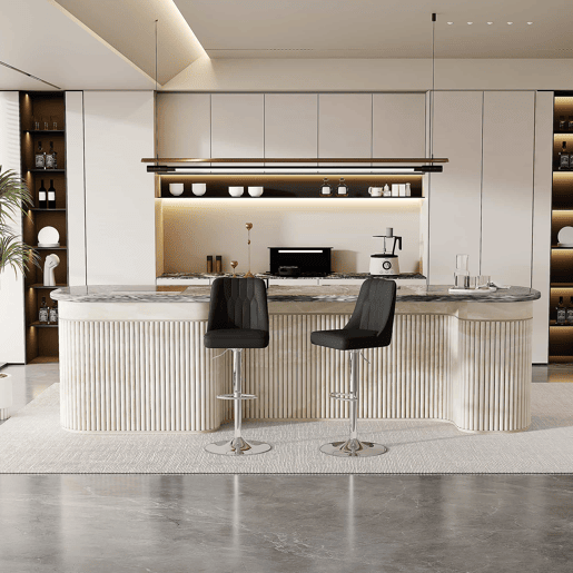 Bancos de bar (2 unidades) - Ajustáveis, giratórios a 360°, encosto em PU com design almofadado - Preto e prateado