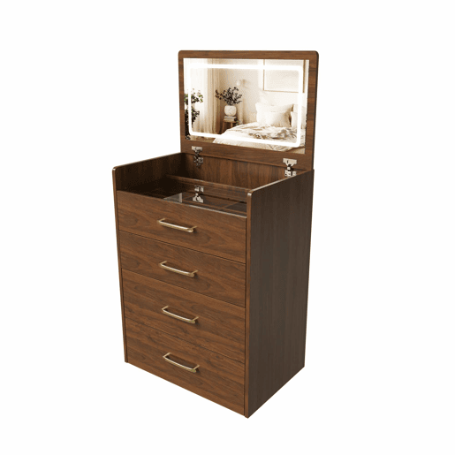 Mesa de maquilhagem 60 x 118 x 40 cm - 3 em 1 com espelho aberto, tampo em vidro, 3 gavetas, design compacto - cor nogueira