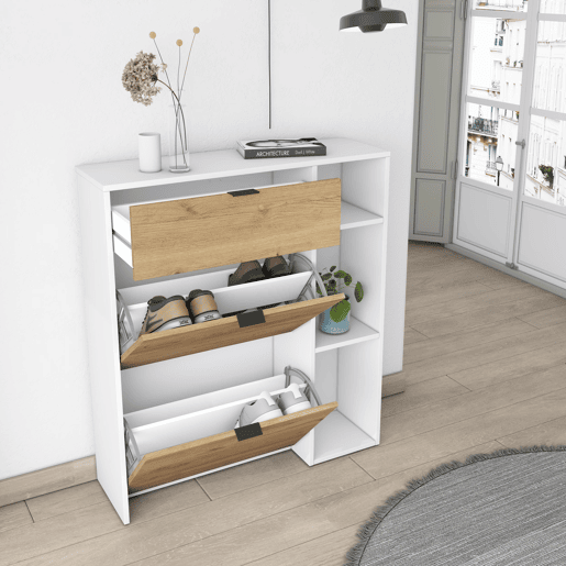 Sapateira, Arrumação, Organizador, 90x102x27 cm, 10 pares de sapatos, Hall de entrada, Estilo moderno, Branco e Carvalho Sapateira, Arrumação, Organizador, 90x102x27 cm, 10 pares de sapatos, Hall de entrada, Estilo moderno, Branco e Carvalho
