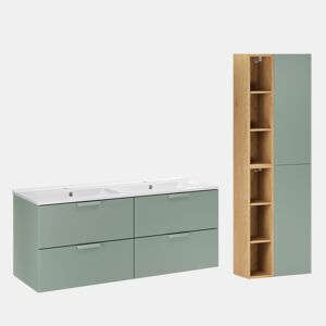 Conjunto móvel lavatório duplo 120cm de encastrar com coluna Oria Verde mate