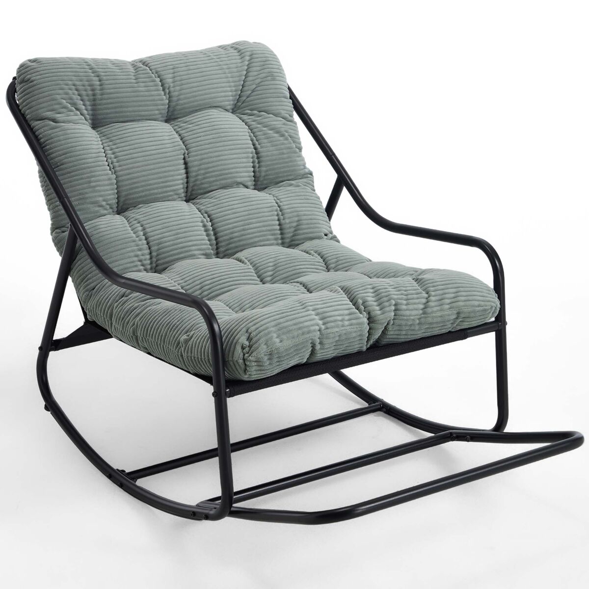 Silla mecedora exterior - con cojín grueso y cómodo - marco negro, cojín verde claro