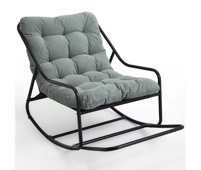Silla mecedora exterior - con cojín grueso y cómodo - marco negro, cojín verde claro