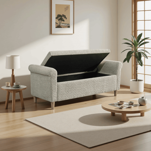 Pufe otomano com espaço de arrumação - com tampa rebatível e estofado em tecido - Estilo escandinavo - Camel