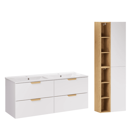 Conjunto móvel lavatório duplo encastrado 120cm e coluna Oria Branco mate