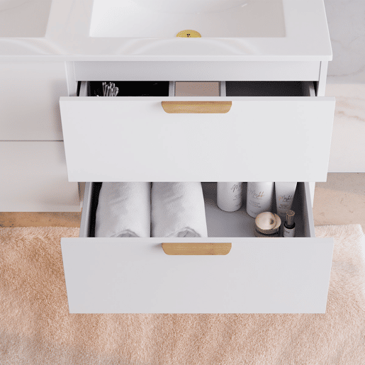 Conjunto móvel lavatório duplo encastrado 120cm e coluna Oria Branco mate