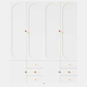 Roupeiro de 2 portas com gavetas 160×45×200 cm - com varão para pendurar, gavetas, puxadores de cerâmica coloridos, acabamento lacado, conjunto de 2 unidades - Branco