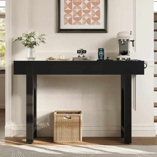 Consola de entrada estreita - com gavetas, régua com tomadas, design em grelha e pés ajustáveis - Preto