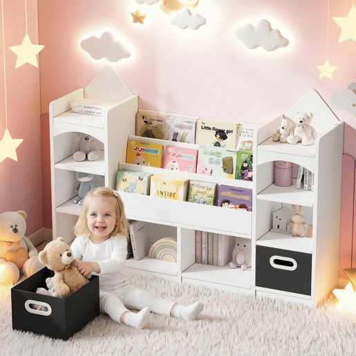 Estante infantil para livros e brinquedos 130x30x90 cm - estante infantil com várias prateleiras, armário organizador para quarto infantil, com 2 caixas de arrumação dobráveis, para guardar livros e brinquedos - branco