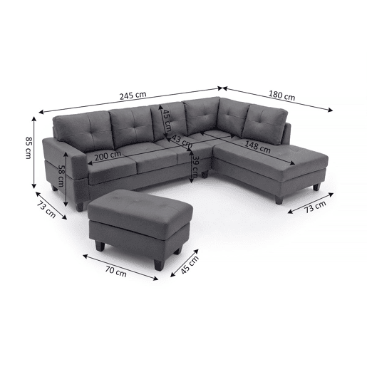 Sofá Chaise Longue de Canto + Pufe Kisrais 245cm, Cinza