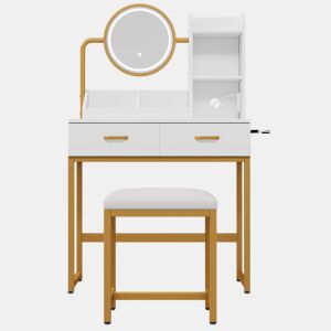 Penteadeira moderna 80 x 138,5 x 40 cm - com iluminação LED, espelho giratório, tomadas, banco, 2 gavetas e 2 prateleiras abertas, pés metálicos dourados - branco e dourado