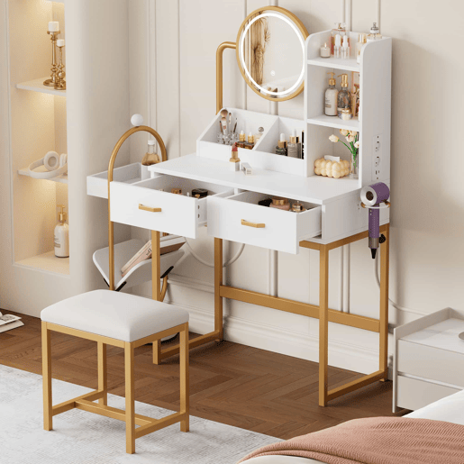 Penteadeira moderna 80 x 138,5 x 40 cm - com iluminação LED, espelho giratório, tomadas, banco, 2 gavetas e 2 prateleiras abertas, pés metálicos dourados - branco e dourado