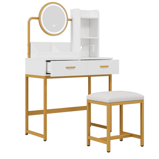 Penteadeira moderna 80 x 138,5 x 40 cm - com iluminação LED, espelho giratório, tomadas, banco, 2 gavetas e 2 prateleiras abertas, pés metálicos dourados - branco e dourado