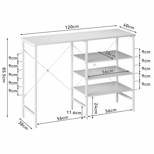 Mesa multifuncional 120 x 40 x 85,5 cm - modular e combinável, montagem flexível para cozinha, sala de estar, cave e garagem, estrutura metálica branca e tampo branco - branco