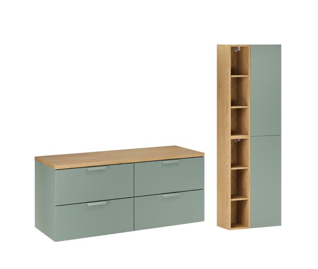 Mueble bajo encimera de 120 cm y juego de columnas oria verde mate