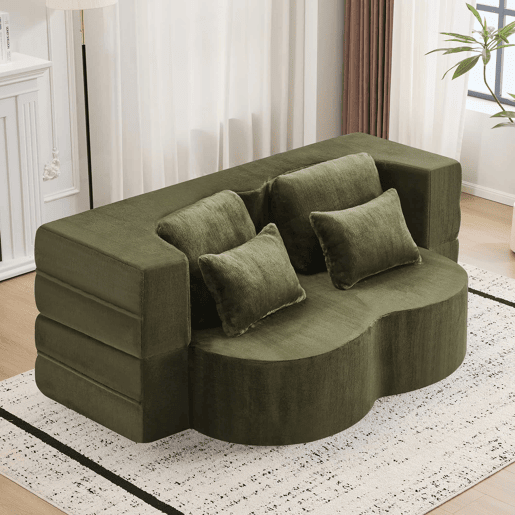 Sofá-cama de 2 lugares - moderno, com 4 almofadas, colchão dobrável de espuma de alta densidade - verde