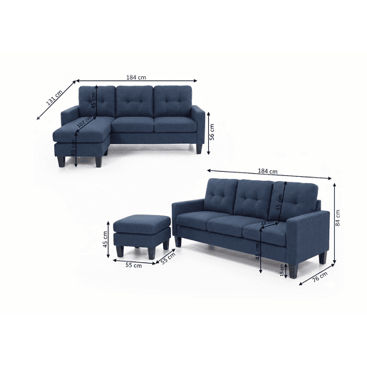 Sofá Vika + Puff convertível em chaise longue, Azul Sofá Vika + Puff convertível em chaise longue, Azul