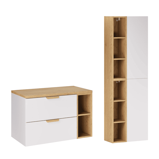 Conjunto móvel toucador 80cm 2 nichos e coluna Oria Branco mate