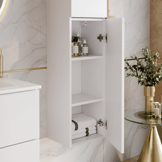 Conjunto móvel toucador 80cm 2 nichos e coluna Oria Branco mate