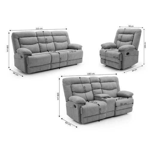 Conjunto de sofás reclináveis u200Bu200Bu200Bu200BLaurel de 3+2+1 lugares, cinza