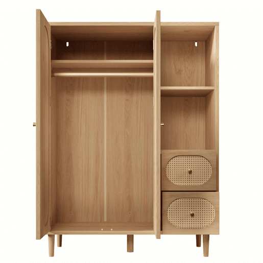 Armário de estilo rústico 161 x 120 x 44 cm - 2 portas, 2 gavetas, prateleiras abertas, varão para roupa - Carvalho