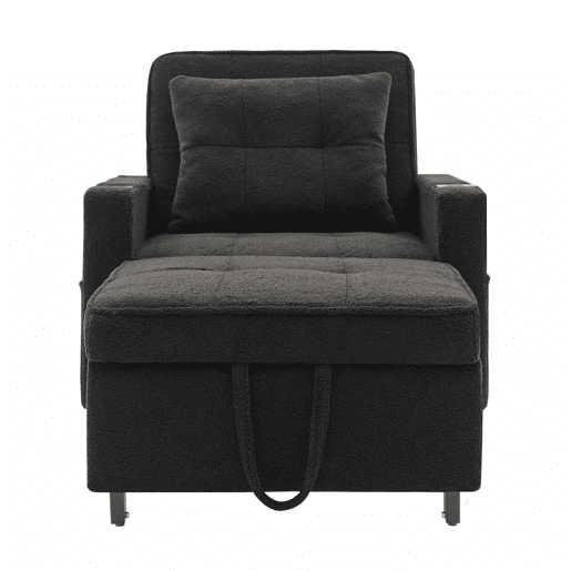 Sofá-cama de 1 lugar - 3 em 1, com porta-copos e porta USB, sofá reclinável e poltrona - Preto