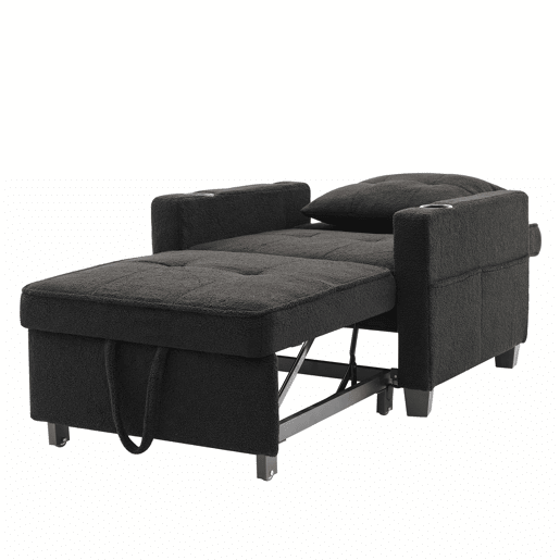 Sofá-cama de 1 lugar - 3 em 1, com porta-copos e porta USB, sofá reclinável e poltrona - Preto
