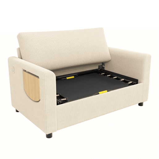 Sofá-cama de 2 lugares - com função de cama, porta USB, mesa lateral dobrável, colchão, roupa de cama e almofadas - bege