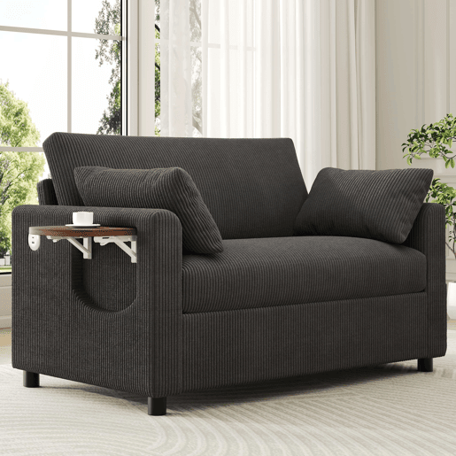 Sofá-cama de 2 lugares - com porta USB, mesa lateral dobrável e acessórios - cinzento