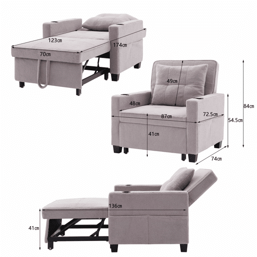 Sofá-cama de 1 lugar - 3 em 1, com porta-copos e porta USB, reclinável e convertível - Cinza