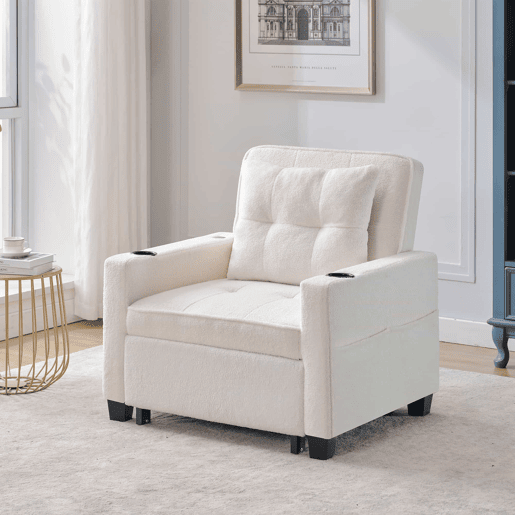 Sofá-cama de 1 lugar - 3 em 1, com porta-copos e porta USB, sofá reclinável e poltrona - Branco