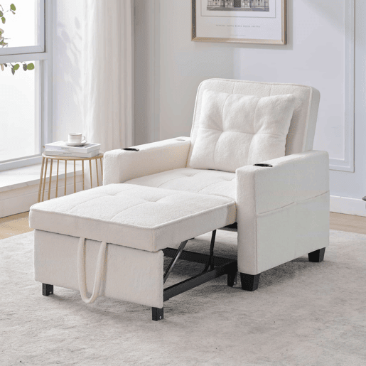 Sofá-cama de 1 lugar - 3 em 1, com porta-copos e porta USB, sofá reclinável e poltrona - Branco