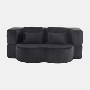Sofá-cama de 2 lugares - moderno, com 4 almofadas, colchão dobrável de espuma de alta densidade - preto