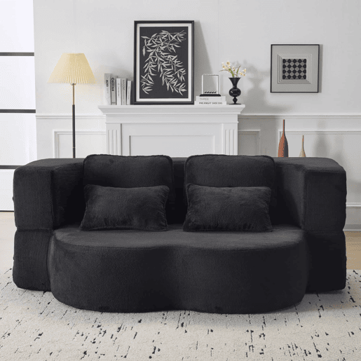 Sofá-cama de 2 lugares - moderno, com 4 almofadas, colchão dobrável de espuma de alta densidade - preto