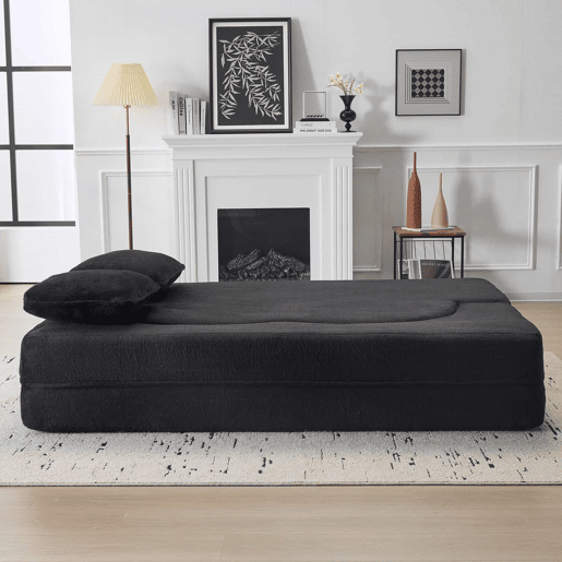 Sofá-cama de 2 lugares - moderno, com 4 almofadas, colchão dobrável de espuma de alta densidade - preto