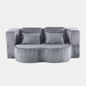 Sofá-cama de chão de 2 lugares - moderno, confortável, com 4 almofadas e colchão de espuma de alta densidade - azul acinzentado