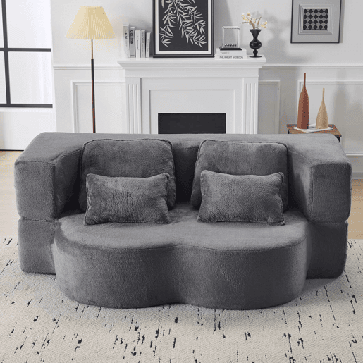 Sofá-cama de chão de 2 lugares - moderno, confortável, com 4 almofadas e colchão de espuma de alta densidade - azul acinzentado