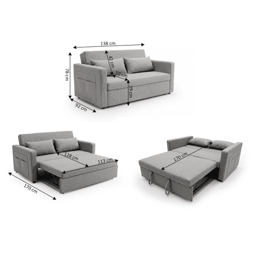 Sofá-cama de casal Jossy Gray, 138 cm, cinza